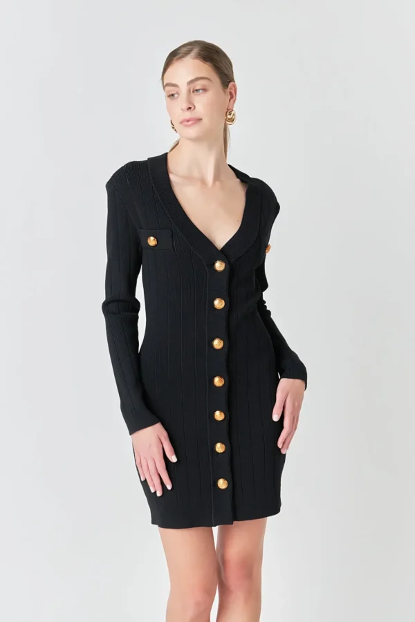 ENDLESS ROSE Knit Dresses | Little Black Dress*- Shank Button V-Neckline Knit Mini Dress