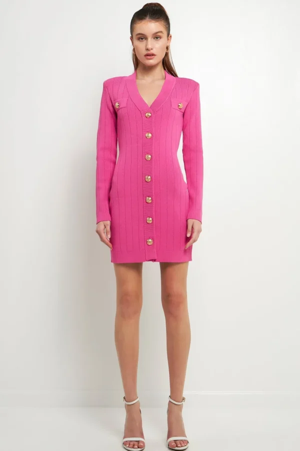 ENDLESS ROSE Knit Dresses | Little Black Dress*- Shank Button V-Neckline Knit Mini Dress