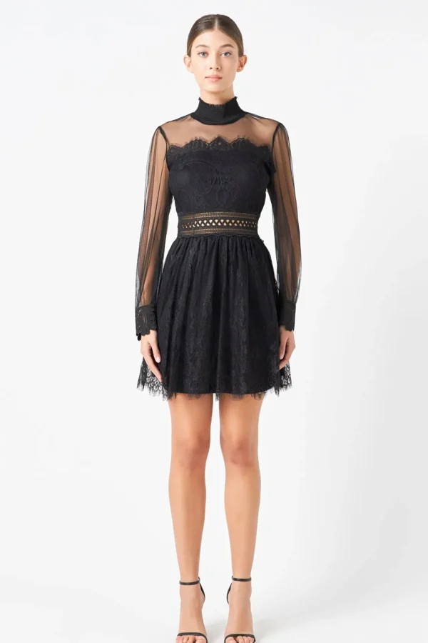 ENDLESS ROSE Lace Dresses | Little Black Dress*- Sheer Long Sleeve Lace Mini Dress