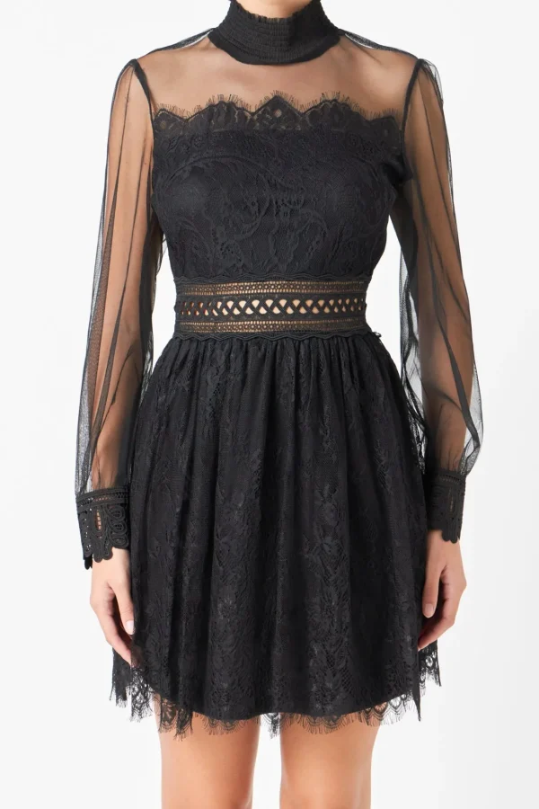 ENDLESS ROSE Lace Dresses | Little Black Dress*- Sheer Long Sleeve Lace Mini Dress
