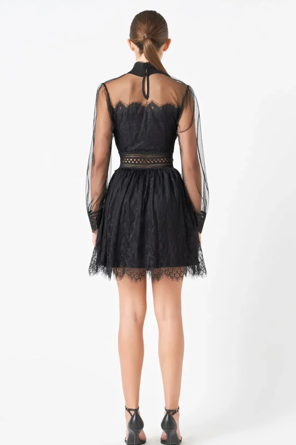 ENDLESS ROSE Lace Dresses | Little Black Dress*- Sheer Long Sleeve Lace Mini Dress