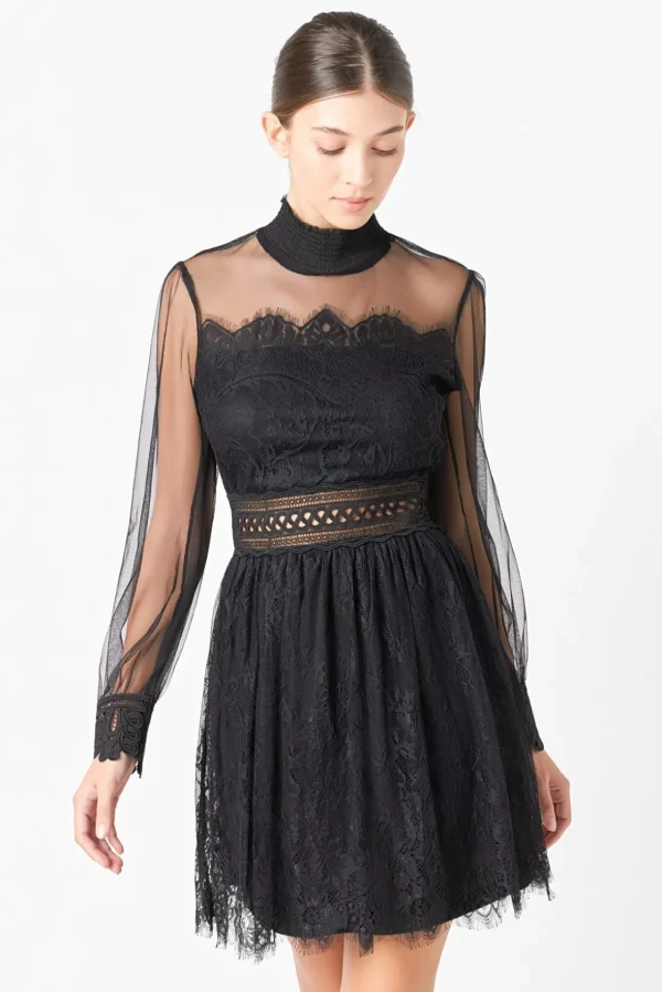 ENDLESS ROSE Lace Dresses | Little Black Dress*- Sheer Long Sleeve Lace Mini Dress
