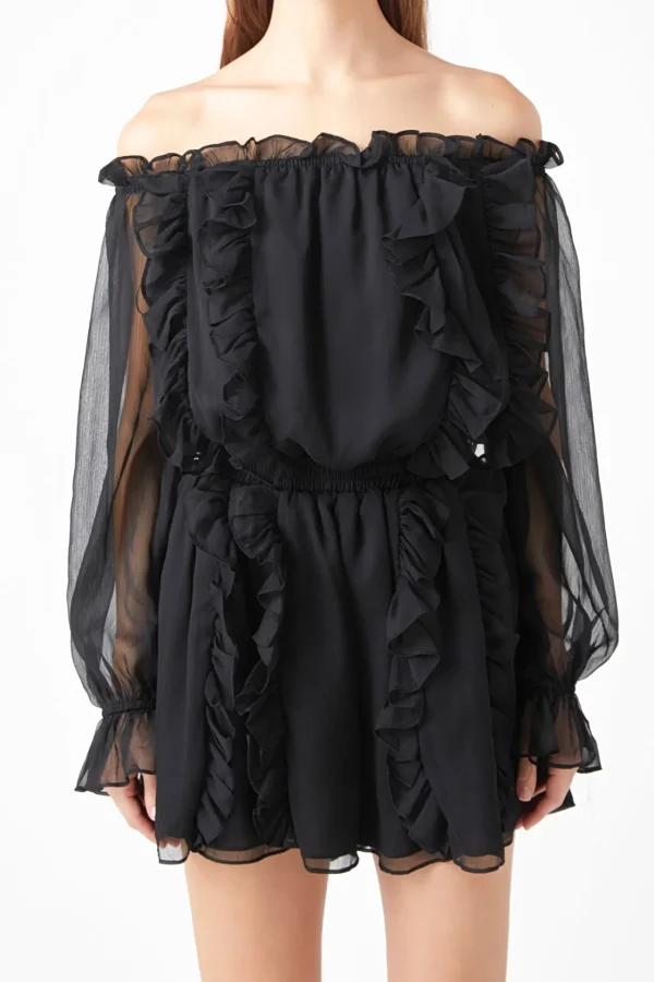 ENDLESS ROSE Tops*- Sheer Sleeves Off the Shoulder Ruffled Romper