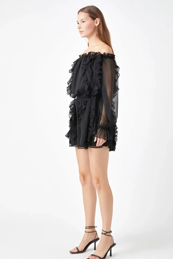 ENDLESS ROSE Tops*- Sheer Sleeves Off the Shoulder Ruffled Romper
