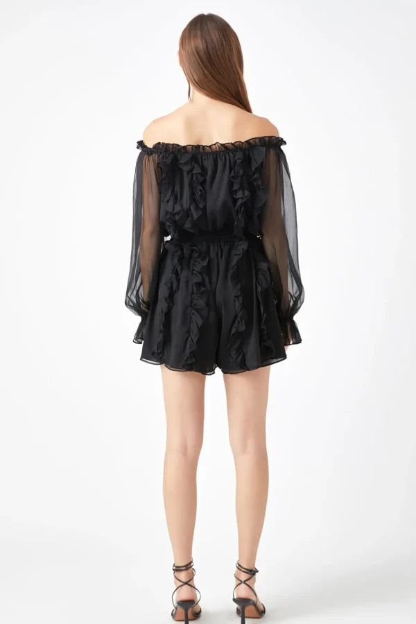 ENDLESS ROSE Tops*- Sheer Sleeves Off the Shoulder Ruffled Romper