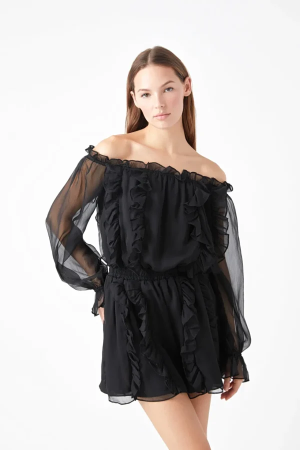 ENDLESS ROSE Tops*- Sheer Sleeves Off the Shoulder Ruffled Romper