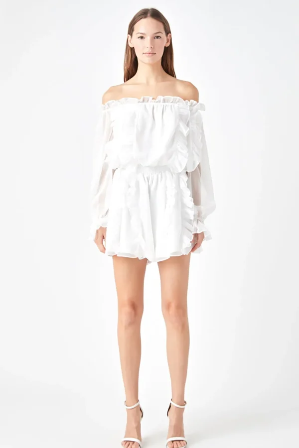 ENDLESS ROSE Tops*- Sheer Sleeves Off the Shoulder Ruffled Romper