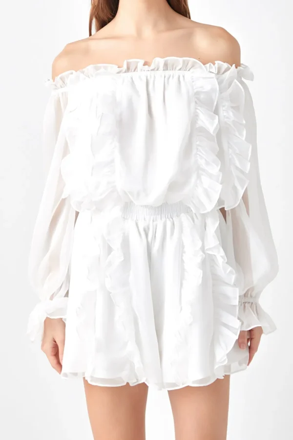 ENDLESS ROSE Tops*- Sheer Sleeves Off the Shoulder Ruffled Romper