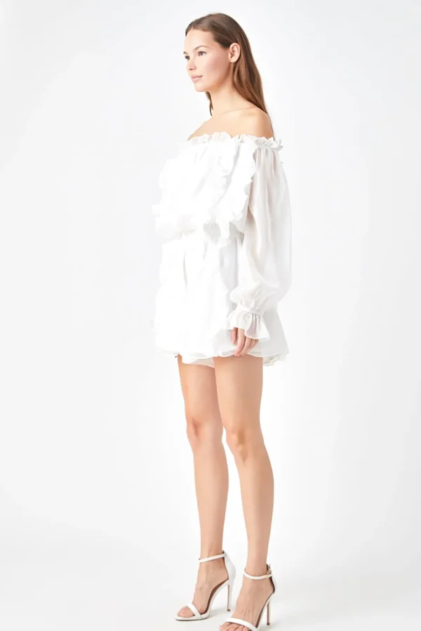 ENDLESS ROSE Tops*- Sheer Sleeves Off the Shoulder Ruffled Romper