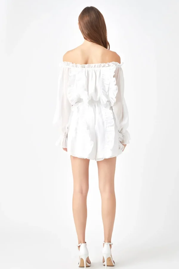 ENDLESS ROSE Tops*- Sheer Sleeves Off the Shoulder Ruffled Romper