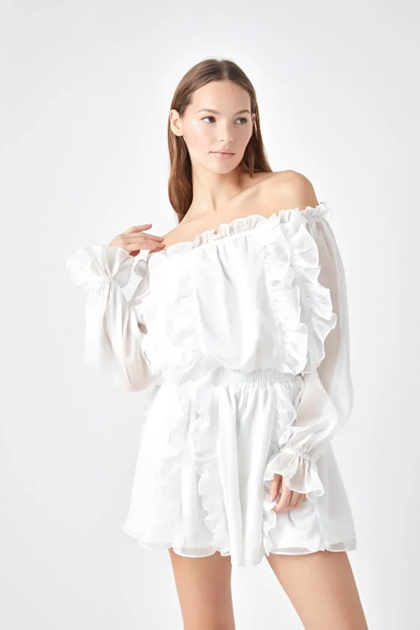 ENDLESS ROSE Tops*- Sheer Sleeves Off the Shoulder Ruffled Romper