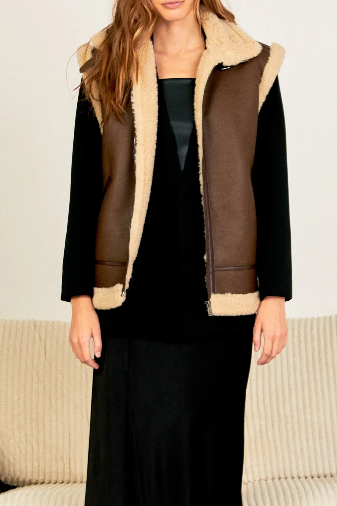 endless_rose__sherpa_line_0.webp ENDLESS ROSE Jackets & Coats | Tops*- Sherpa Lined Faux Leather Vest CHOCOLATEBROWN
