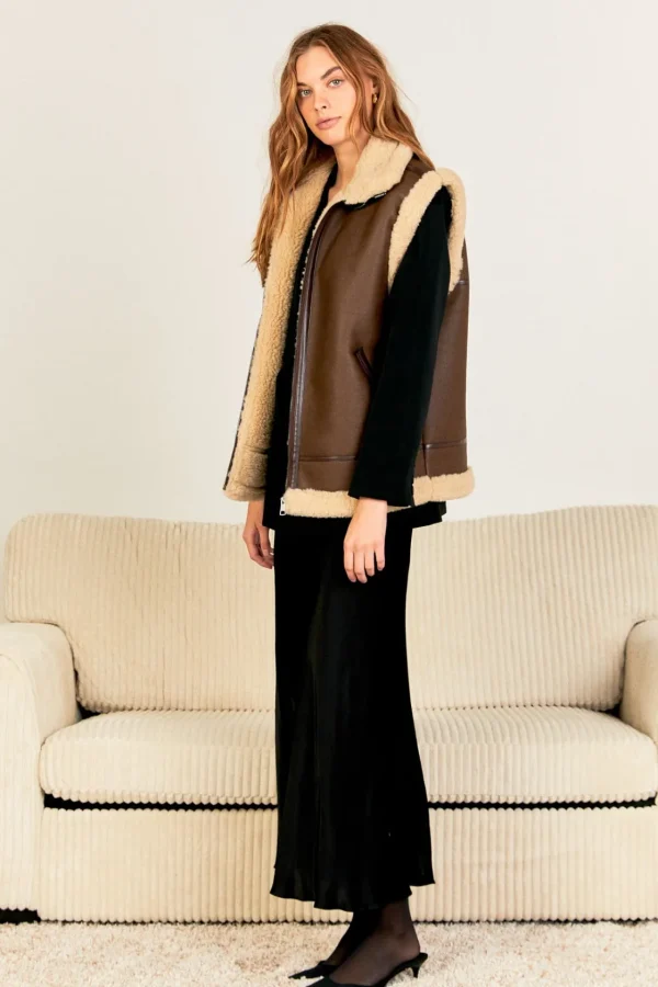 ENDLESS ROSE Jackets & Coats | Tops*- Sherpa Lined Faux Leather Vest CHOCOLATEBROWN