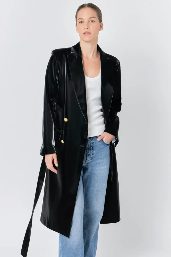 ENDLESS ROSE Jackets & Coats | Tops*- Shiny Faux Leather Trench Coat BLACK