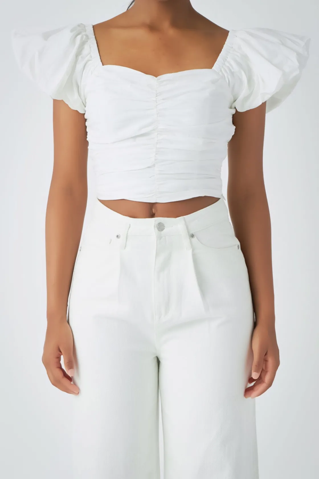 endless_rose__shirring_de_0.webp ENDLESS ROSE Tops*- Shirring Detail Puff Sleeve Cropped Top WHITE