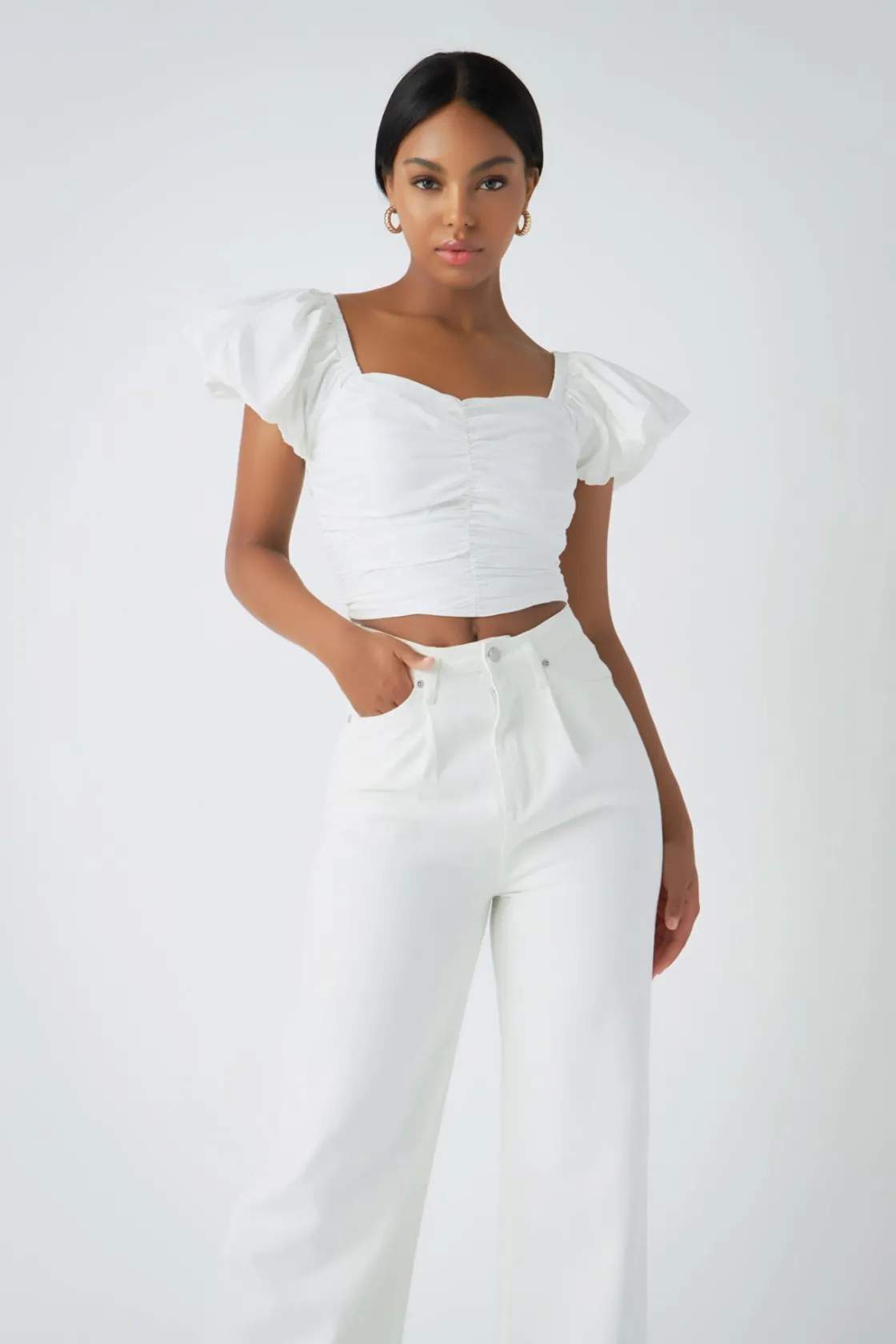 endless_rose__shirring_de_3.webp ENDLESS ROSE Tops*- Shirring Detail Puff Sleeve Cropped Top WHITE
