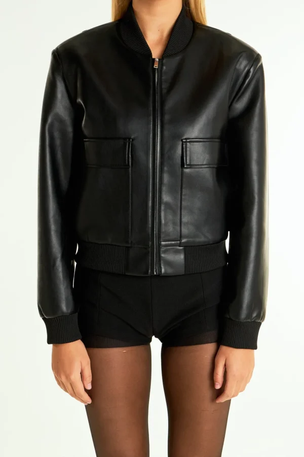 ENDLESS ROSE Jackets & Coats | Tops*- Short Pu Bomber Jacket BLACK