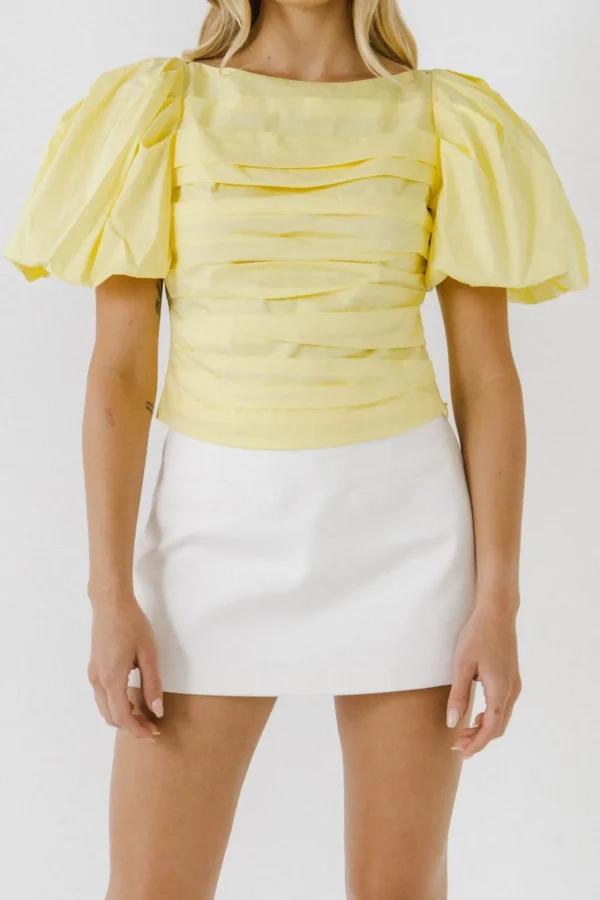 ENDLESS ROSE Tops*- Short Puff Sleeves Woven Blouse CITRON