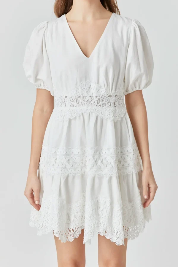 ENDLESS ROSE Lace Dresses | Tops*- Short Puff Sleeves Lace Trim Mini Dress WHITE