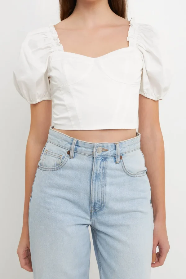 ENDLESS ROSE Tops*- Short Puff Sleeve Cropped Top WHITE