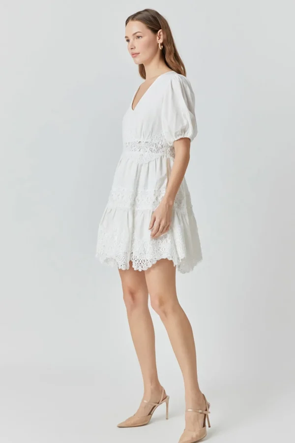 ENDLESS ROSE Lace Dresses | Tops*- Short Puff Sleeves Lace Trim Mini Dress WHITE