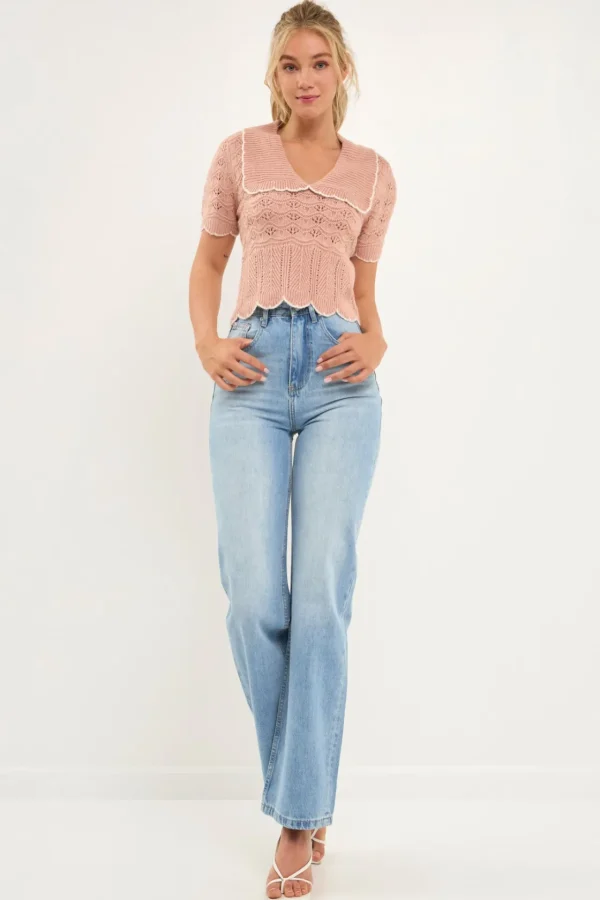 ENDLESS ROSE Sweaters & Knits | Tops*- Short Puff Sleeve Scalloped Knit Top