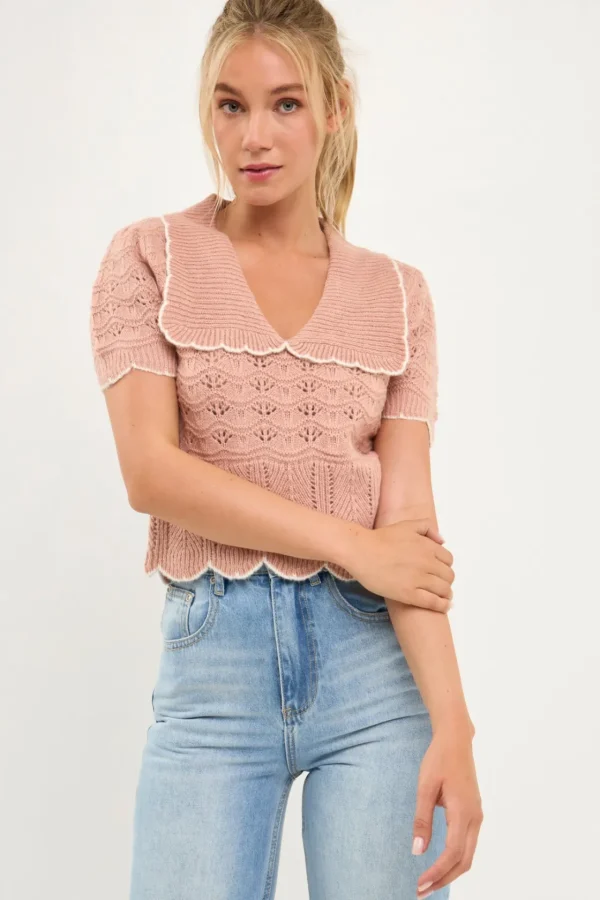 ENDLESS ROSE Sweaters & Knits | Tops*- Short Puff Sleeve Scalloped Knit Top