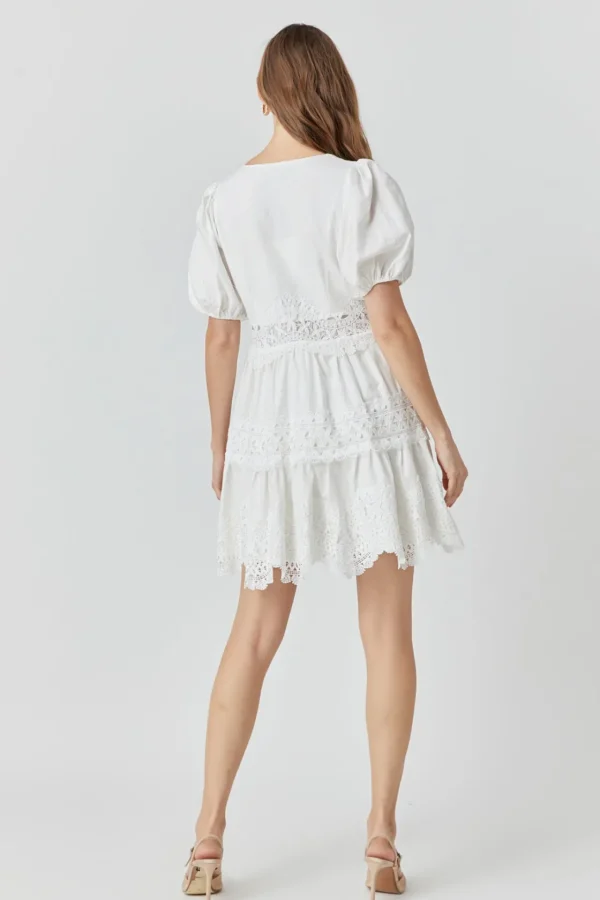 ENDLESS ROSE Lace Dresses | Tops*- Short Puff Sleeves Lace Trim Mini Dress WHITE