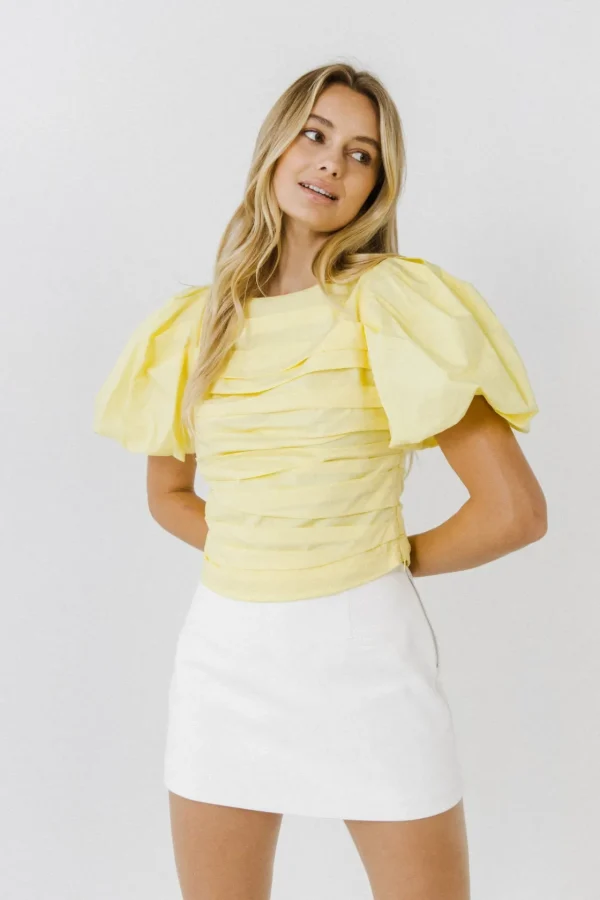 ENDLESS ROSE Tops*- Short Puff Sleeves Woven Blouse CITRON