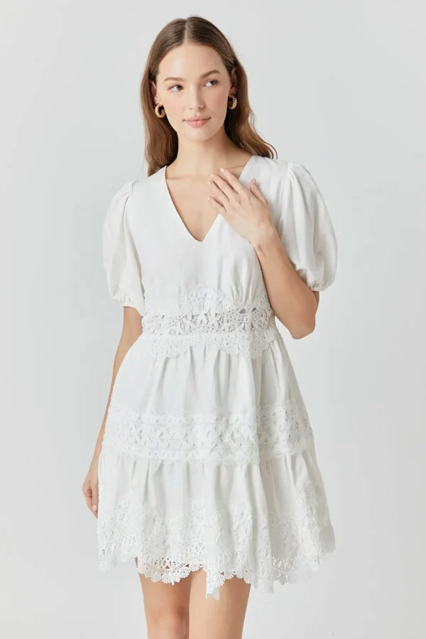 ENDLESS ROSE Lace Dresses | Tops*- Short Puff Sleeves Lace Trim Mini Dress WHITE