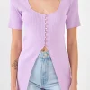 ENDLESS ROSE Tops*- Short Sleeve Long Knit Button Up