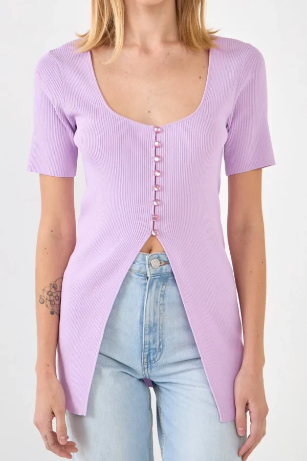 ENDLESS ROSE Tops*- Short Sleeve Long Knit Button Up