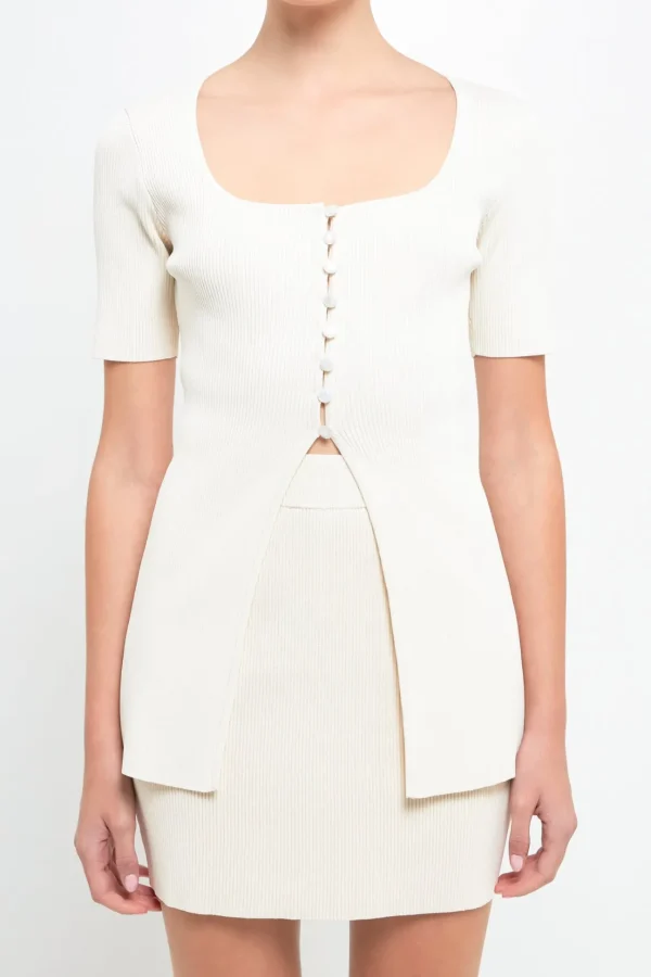 ENDLESS ROSE Tops*- Short Sleeve Long Knit Button Up