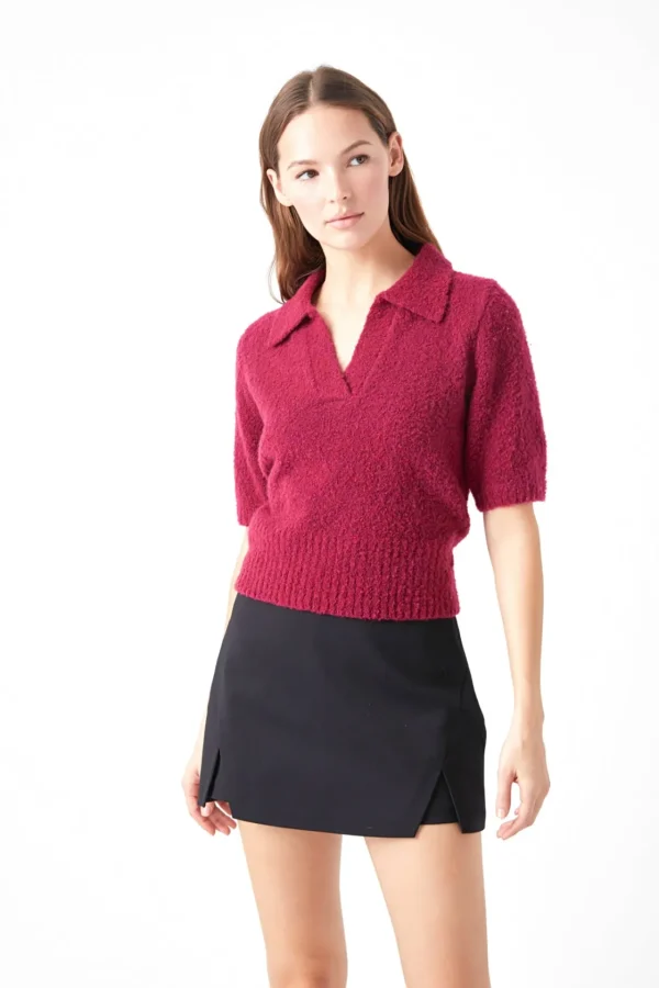 ENDLESS ROSE Sweaters & Knits | Tops*- Short-Sleeve Collared Sweater HEATHERGREY