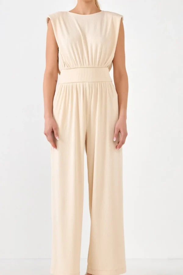 ENDLESS ROSE Tops | One Pieces*- Shoulder Pad Jumpsuit with Smocked Waist CREAM