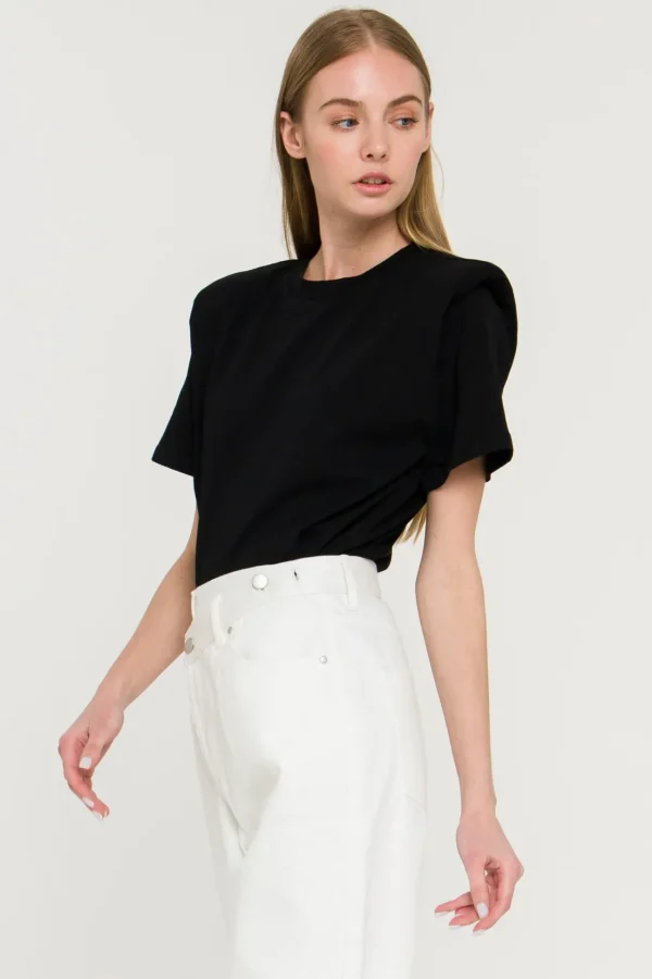 ENDLESS ROSE Tops*- Shoulder Padded Short Sleeve T-Shirt BLACK