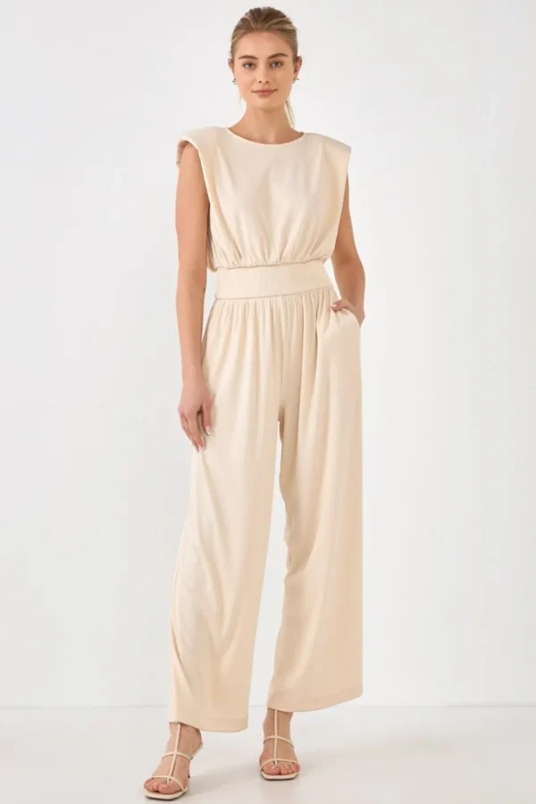 ENDLESS ROSE Tops | One Pieces*- Shoulder Pad Jumpsuit with Smocked Waist CREAM