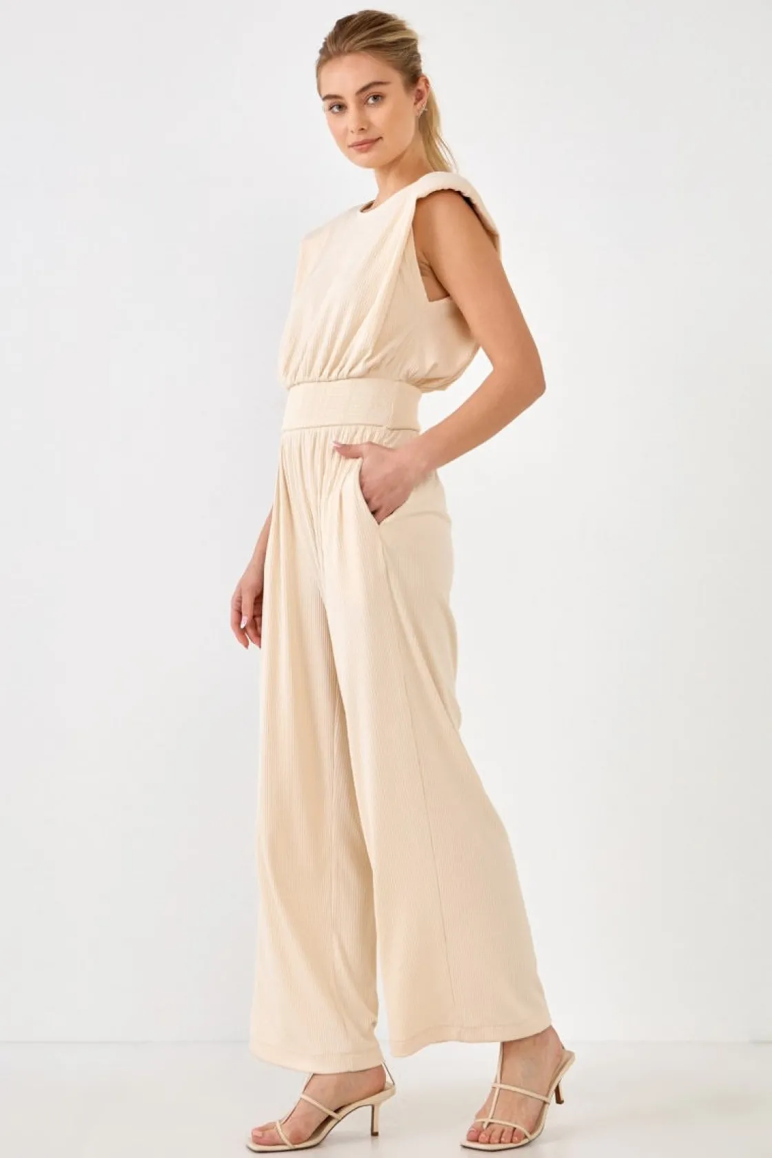 endless_rose__shoulder_pa_2.webp ENDLESS ROSE Tops | One Pieces*- Shoulder Pad Jumpsuit with Smocked Waist CREAM