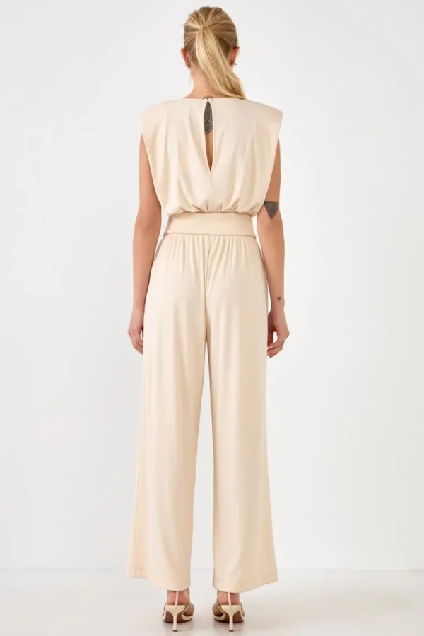 ENDLESS ROSE Tops | One Pieces*- Shoulder Pad Jumpsuit with Smocked Waist CREAM