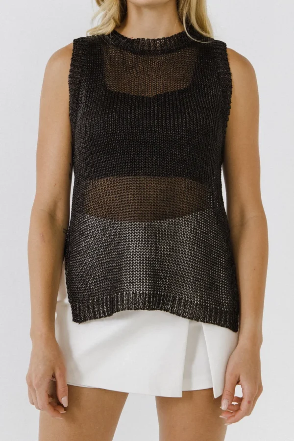 ENDLESS ROSE Tops*- Sleeveless Knit Sheer Top With Back Keyhole BLACK