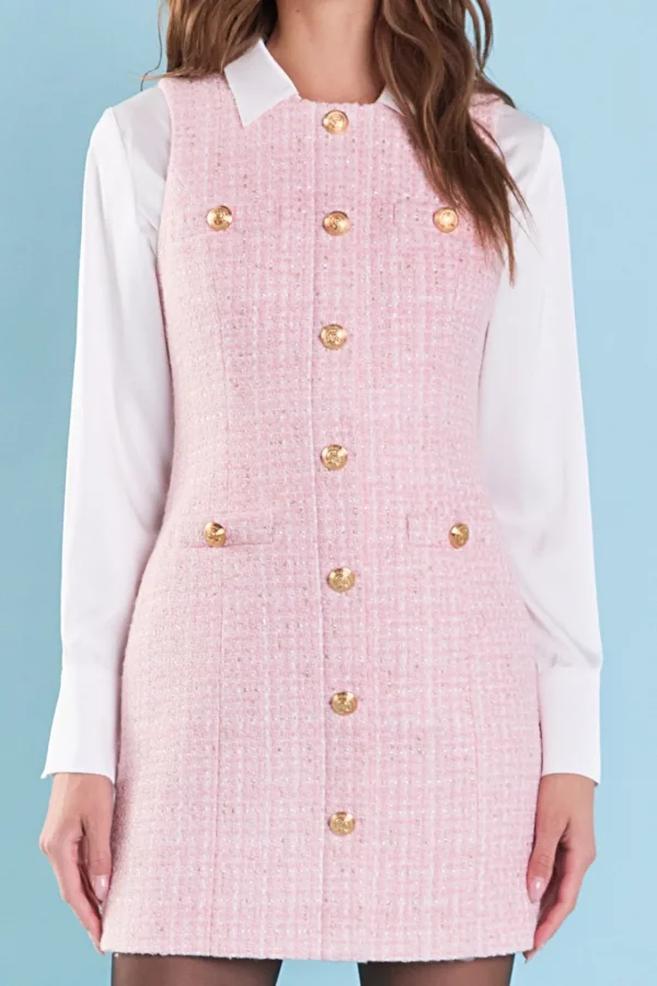 ENDLESS ROSE Tweed Dresses | Tops*- Sleeveless Tweed Mini Dress with Gold Buttons PINK