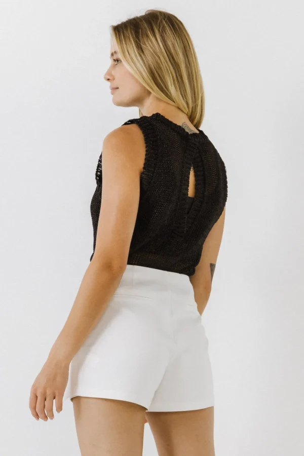 ENDLESS ROSE Tops*- Sleeveless Knit Sheer Top With Back Keyhole BLACK