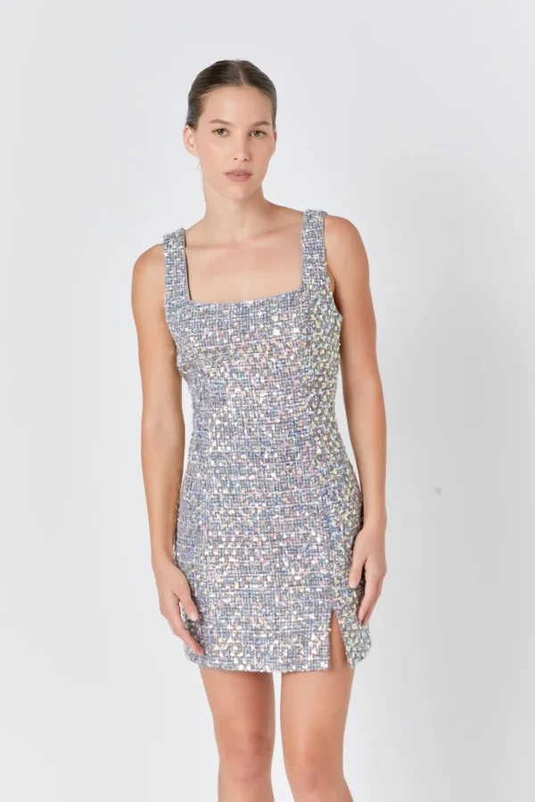ENDLESS ROSE Sequin Dresses | Tweed Dresses*- Slit Detail Tweed Mini Dress GREYMULTI