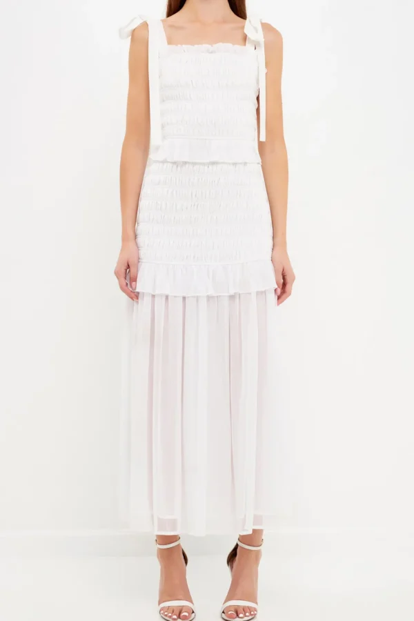 ENDLESS ROSE Tops*- Smocked Drop Waist Combination Maxi WHITE