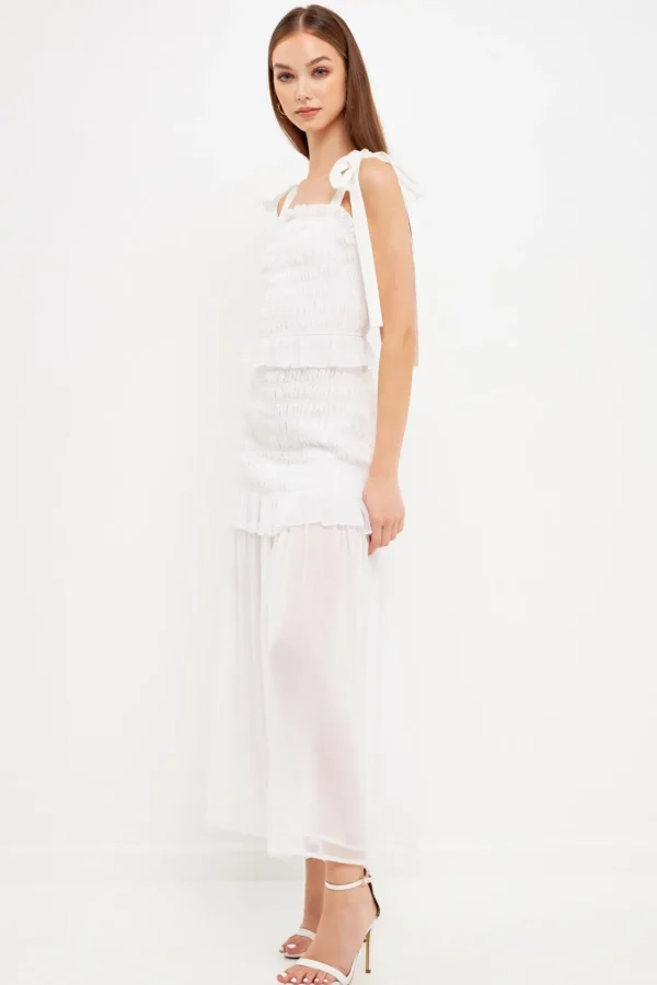 ENDLESS ROSE Tops*- Smocked Drop Waist Combination Maxi WHITE