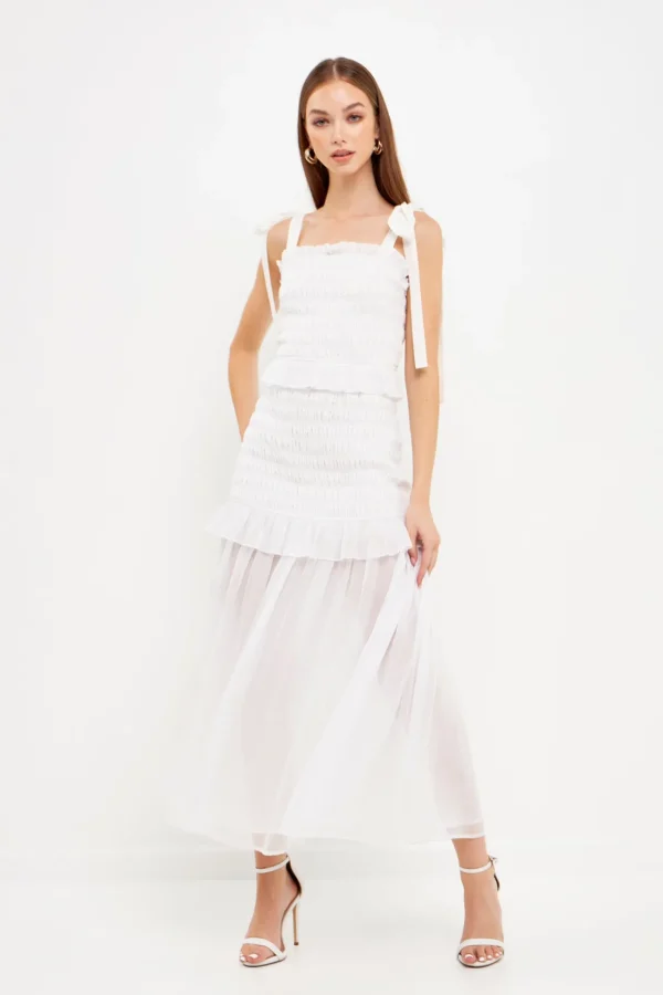 ENDLESS ROSE Tops*- Smocked Drop Waist Combination Maxi WHITE
