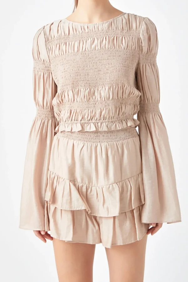 ENDLESS ROSE Tops*- Smocked Top with Bell Sleeves BEIGE