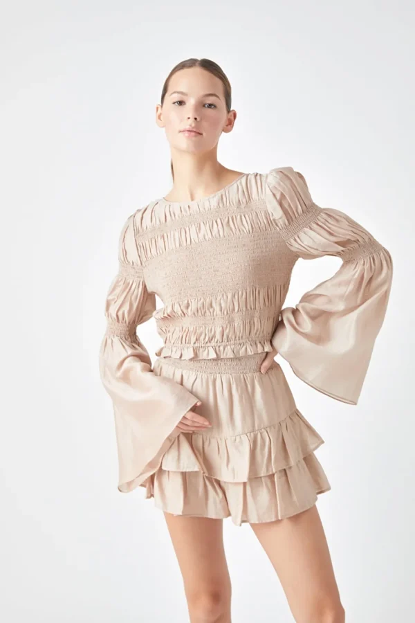 ENDLESS ROSE Tops*- Smocked Top with Bell Sleeves BEIGE
