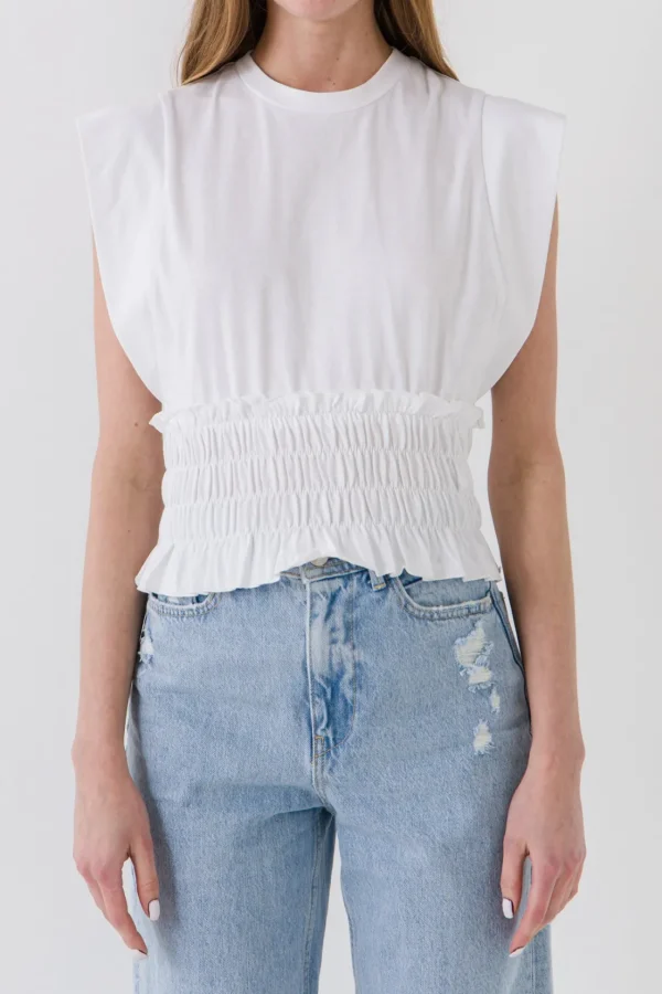 ENDLESS ROSE Tops*- Smocked Waist T-Shirt WHITE