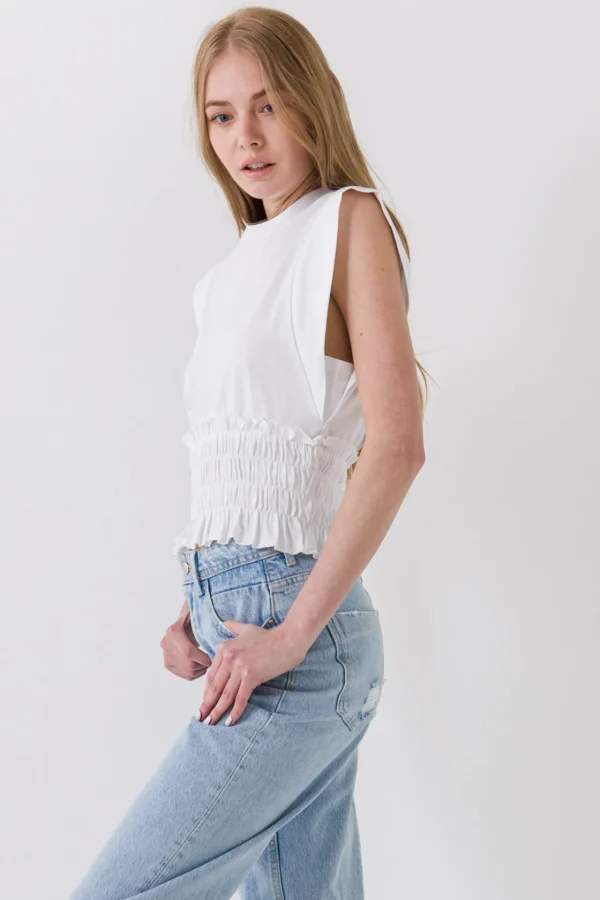ENDLESS ROSE Tops*- Smocked Waist T-Shirt WHITE